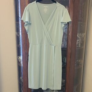 Nine West Light Green Wrap Surplice Dress with Flutter Sleeves